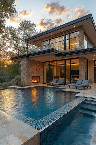 Photographie immobilière extérieure d’une terrasse avec pisc